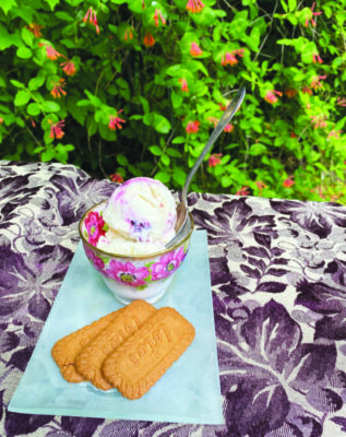 scoops of ice cream in floral decorated bowl on blue napkin beside 3 rectangular shortbread cookies