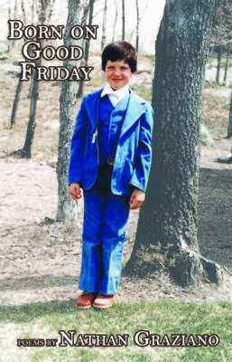 book cover for born on a good friday, small text over photo of child standing next to tree