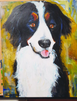 painting of a black and white dog