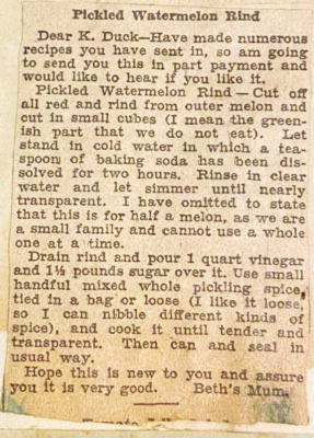 old newspaper cutting with printed Pickled Watermelon Rind recipe