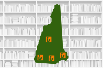 shape of NH state, four icons placed at bottom of state, on background image of books on shelves
