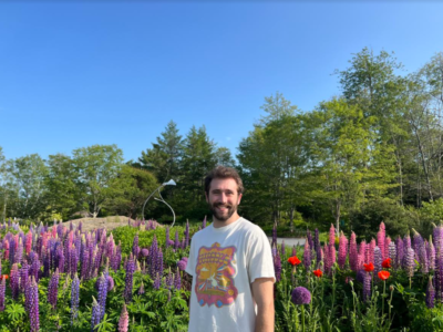 man standing in field of flowers on sunny day