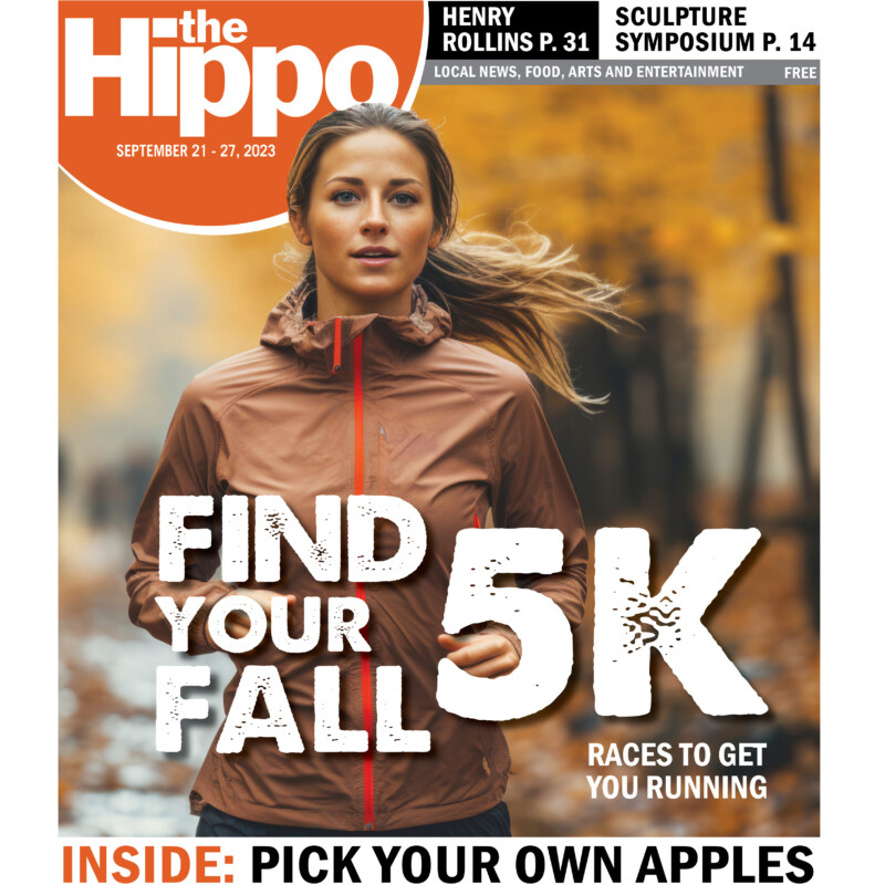 frontpage showing woman running, blurry trees with autumn leaves background, words Find your fall 5K