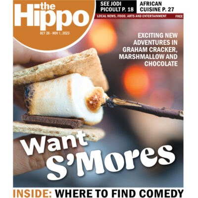 frontpage of hippo showing marshmallow on stick being squished between chocolate and graham crackers, text want s'mores