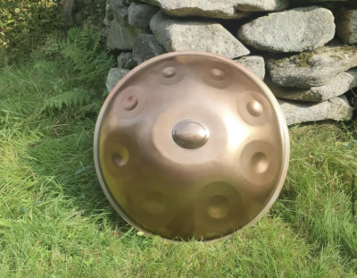 round metal shield looking thing sitting on grass near rock wall