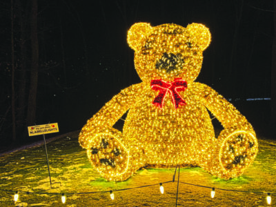 teddy bear sculpture made of yellow string lights, red lights for bow around neck, sitting on platform outside for viewing