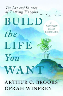 book cover for Build the Life You Want, words on hazy illustration of small tree on top of soft mountain peak
