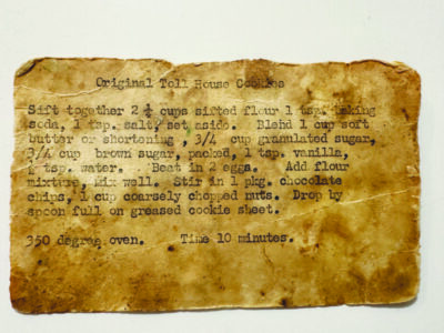 typed recipe on worn-out and tattered rectangular card