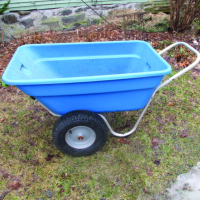 blue plastic wheelbarrow. sitting on lawn on gray autumn day