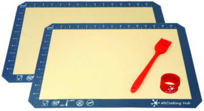 product shot of 2 rectangular baking sheets with silicone brush on top
