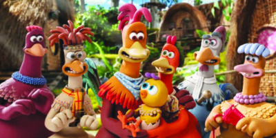 still from Chcken Run: Dawn of the Nugget showing chicken characters