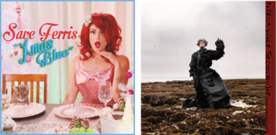Left album cover: Woman with bright red hair wearing a candy cane dress having a tea party. Right album cover: Man wearing a olive wreath crown and a black rob with his hand raised while walking on the moors.