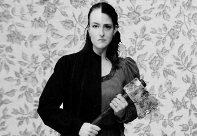 Black and white picture of woman holding an ax while one half is in a modern setting and the other is in a vintage setting.