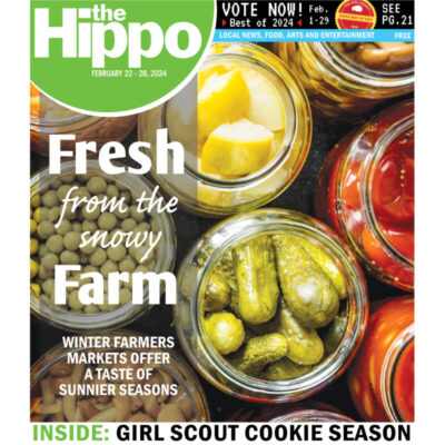 front cover of Hippo with headline Fresh from the snowy farm over image of pickle jars shown from above