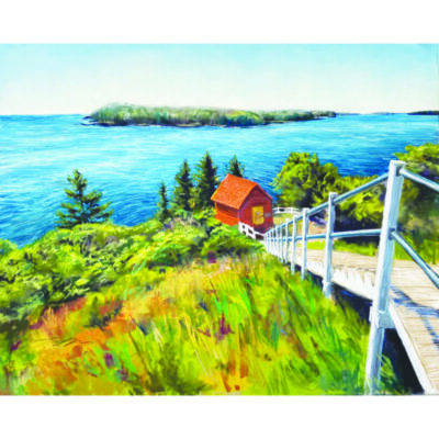 Painting of a small shack at the bottom of a flight of stairs overlooking a lake/ocean