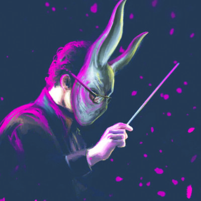 Man conducting orchestra wearing a rabbit mask