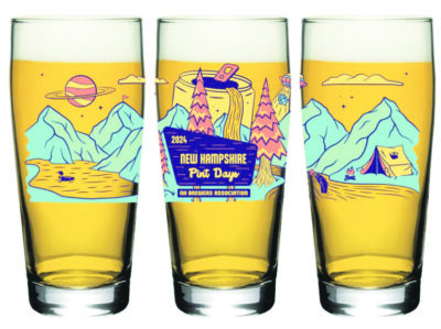 three pint glasses filled with beer, showing the printed illustration for beer week event