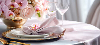 Tables set for an event party or wedding reception. Luxury elegant table setting dinner in a restaurant. glasses and dishes.