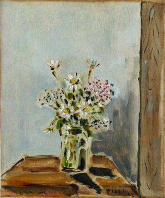 painting of flowers in a glass jar sitting on a table, muted colors