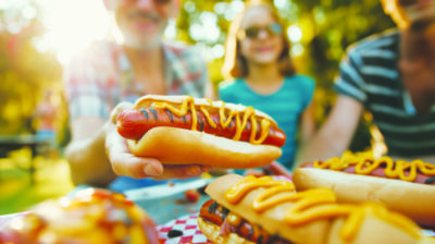 Family enjoying hot dogs in a sunny park, casual outdoor picnic,