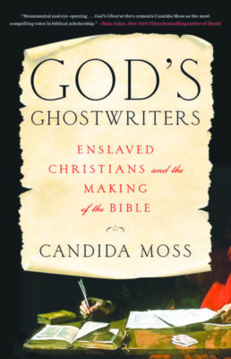 Book with a scroll on the front that reads in a Roman Font "God's Ghostwriters"