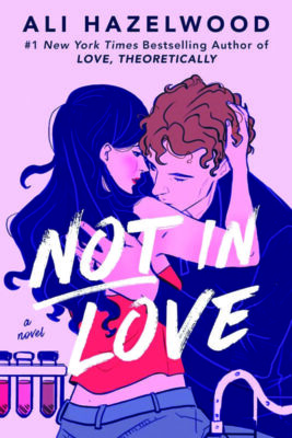 book cover for not in love, showing illustrated man and woman hugging and kissing