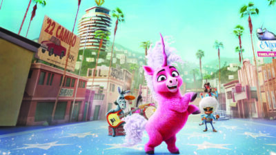 Thelma the unicorn an computer animated movie with a pink, fluffy haired unicorn