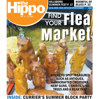 frontpage of Hippo find your flea market showing bear figurines on table