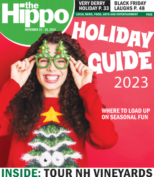 Holiday Guide front cover showing woman wearing sweater with christmas tree and funky glasses with christmas trees on them