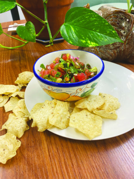 bowl of salsa sitting on plate surrounded by corn chips on table near potted plant