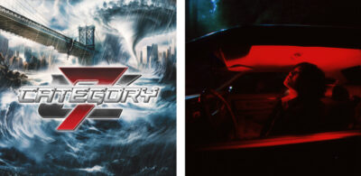 Two album covers next to each other. A hurricane cover on the left and driving a car covered in red light