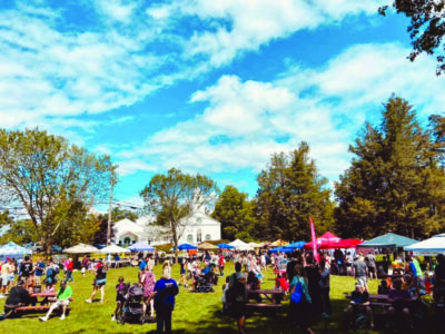 People on grassy lawn at outdoor event in small town, sunny day, event tents