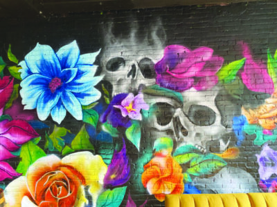 mural on brick wall showing skulls surrounded by large colorful flowers