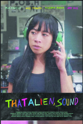 movie poster showing young asian girl holding headphones to her head while in store