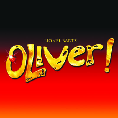 logo for musical show Oliver - text Oliver written out in gold tones letters with distressed holes showing through on black and red gradient background