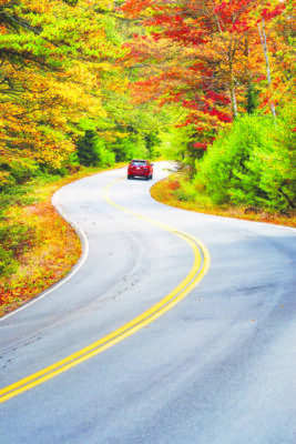 A red car driving through winding road with beautiful autumn foliage trees in New England.