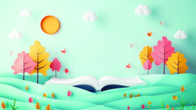 Open book with paper-cut trees and butterflies under a sunny sky