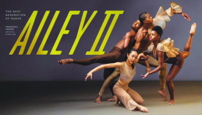two male and two female dancers posing together, arms out and legs stretched in modern dance positions, the words Ailey 2 added to the top of the image