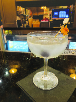 stemmed cocktail glass with olive on toothpick to garnish, sitting on napkin on bar top in dark restaurant