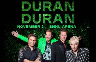 four white male band members posing in row, under text that reads Duran Duran, black background, green text