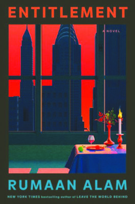 book cover with illustration made of flat shapes showing table set for fancy dinner in front of window with cityscape behind