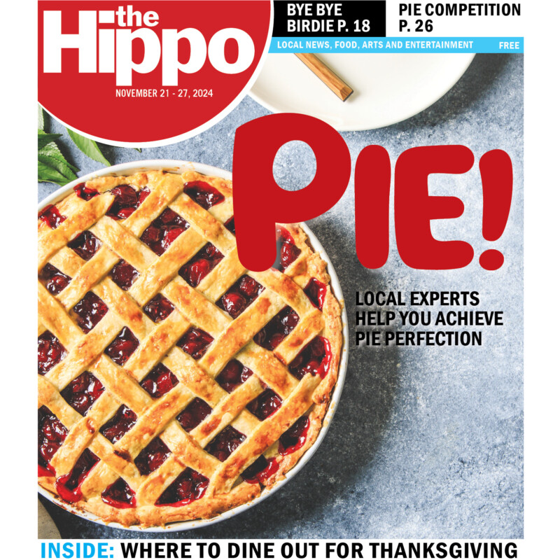 cover of the Hippo showing a lattice work pie from above on a gray speckled table with large text PIE