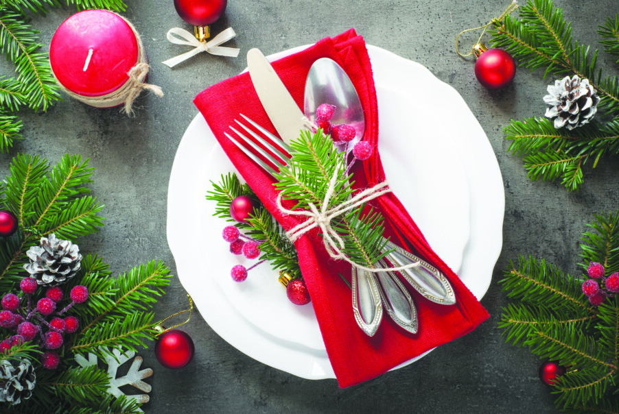 Christmas table setting with christmas decorations,. Top view, copyspace.