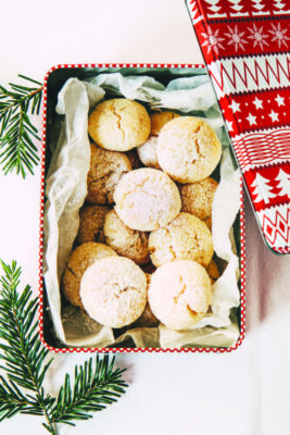 christmas cookies with coconut in a tin box