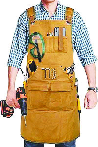 product photo of man wearing toolshop apron filled with woodworking and  repair tools