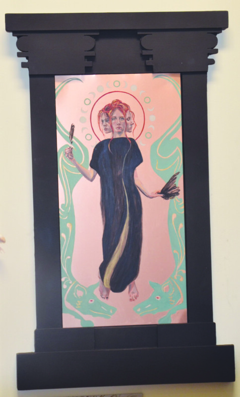 painting of floating woman in long robe, three faces, done in religious icon style, in frame resembling architectural column