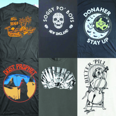 collage of six t-shirts with band names on them