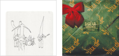 Two album covers: One showing an artistic pencil drawing of a band, and the other with Christmas wrapping paper and a red bow