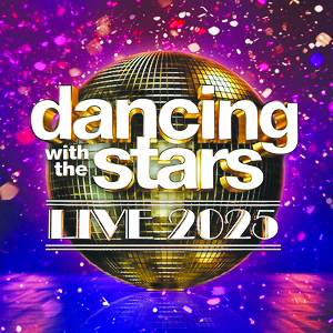 graphic for Dancing with the Stars live 2025 showing a disco ball on purple sparkly background, words centered