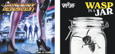 Two album covers, one of a retro style of a woman's feet in heels with a gun, and one of a wasp trapped in a jar